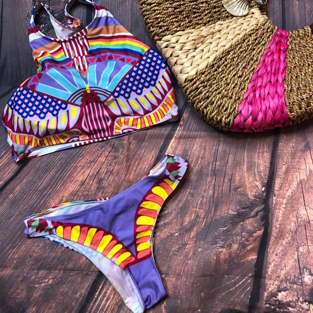 two-piece bathing suit rainbow colors